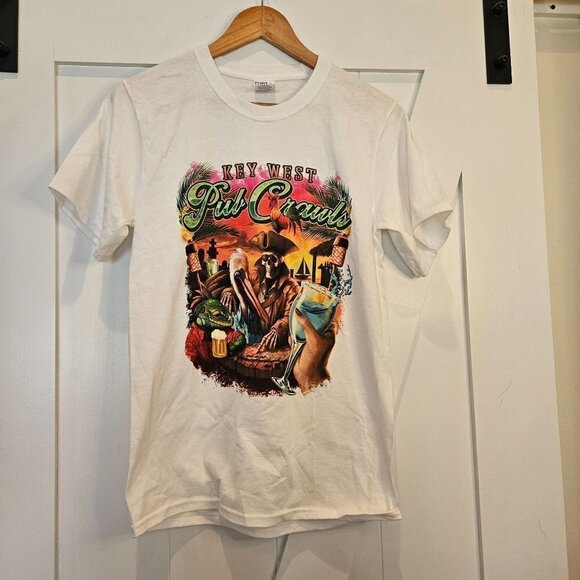 Key West Pub Crawl Skeleton Pirate White T-Shirt Short Sleeve, size Small - Picture 2 of 7